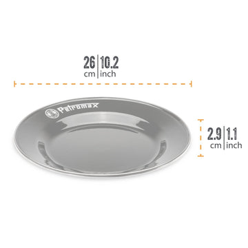Petromax plate with stainless steel rim, highlighting durable, impact-resistant design