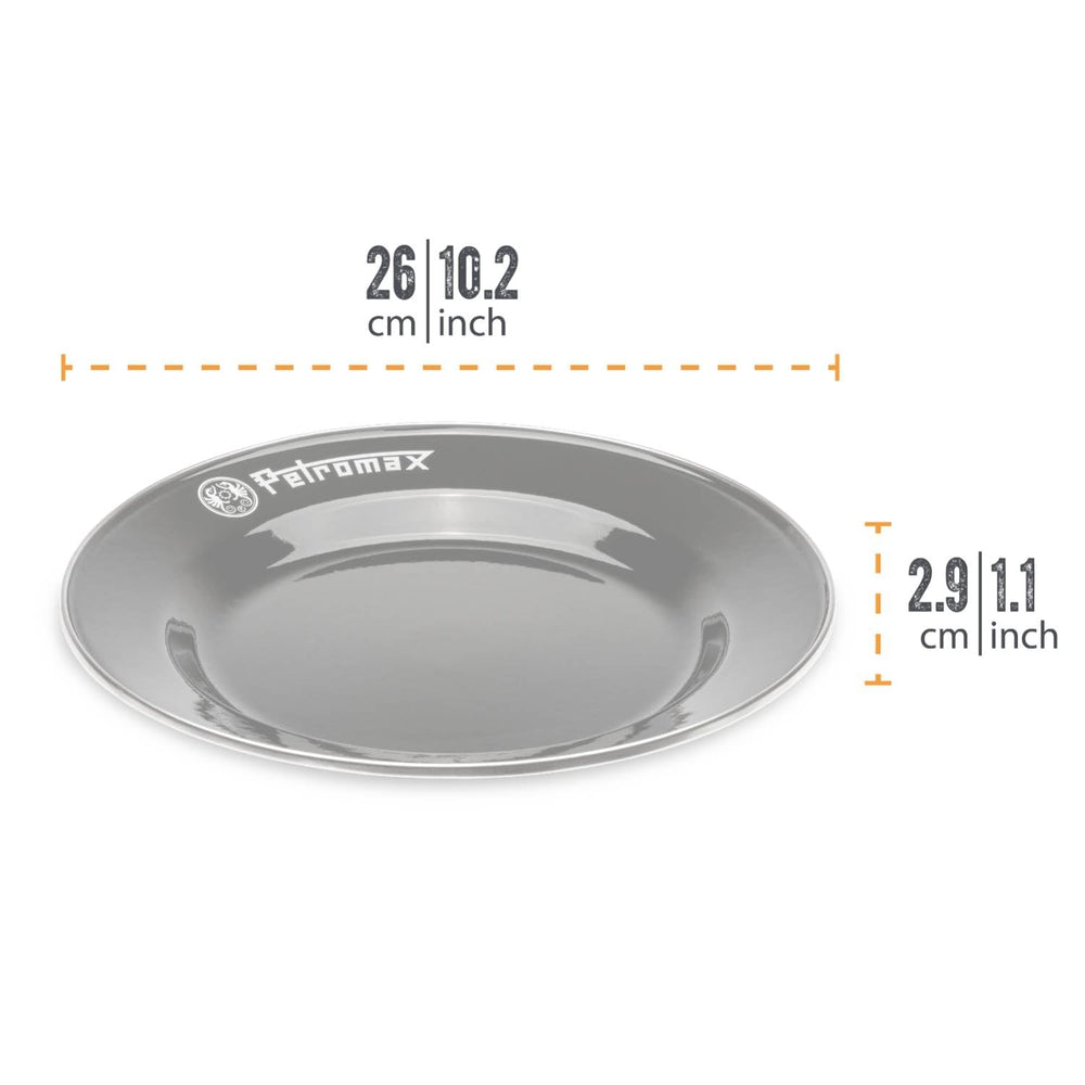 Petromax plate with stainless steel rim, highlighting durable, impact-resistant design