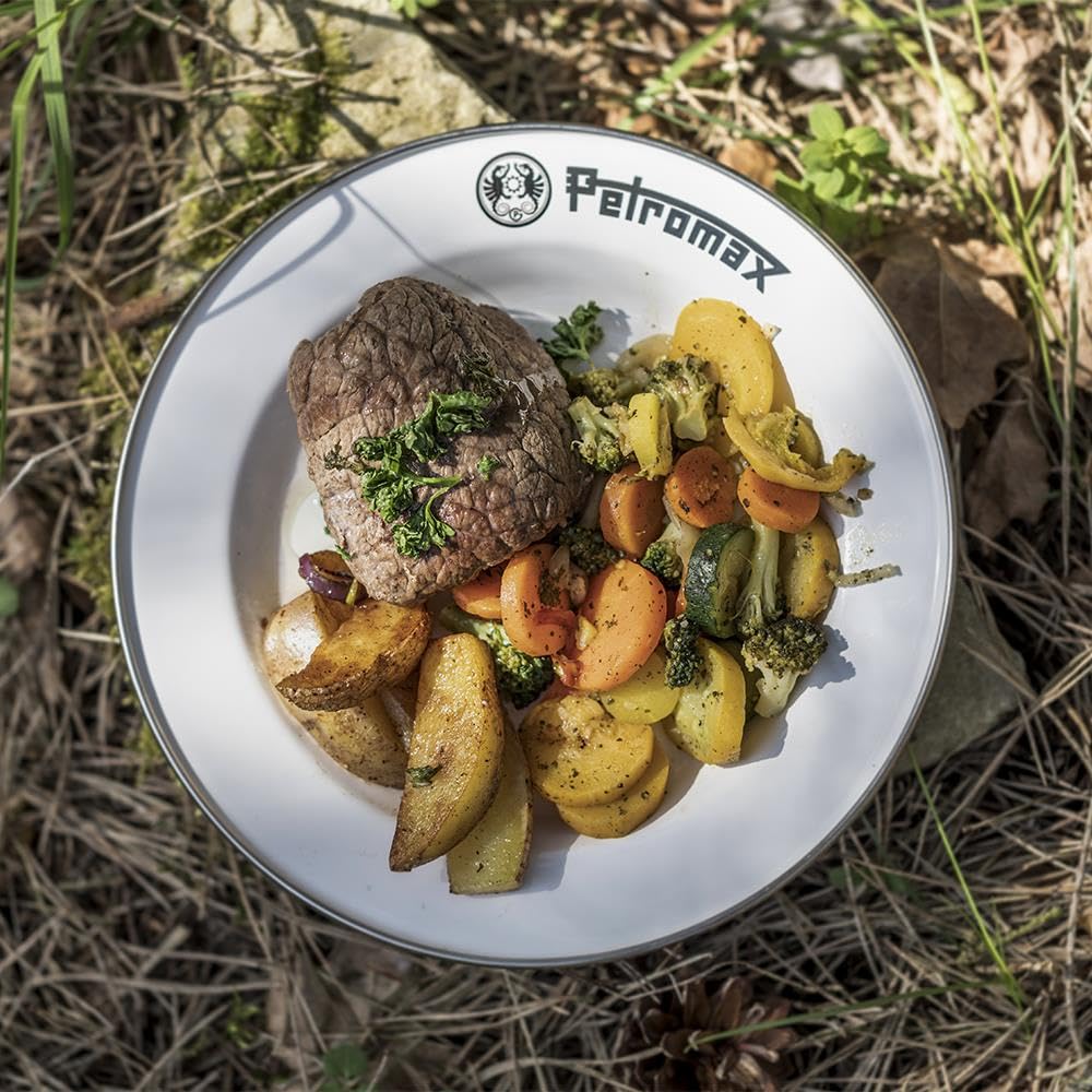 Petromax enamelware plate 10.2-inch diameter ready for hot meals on trail