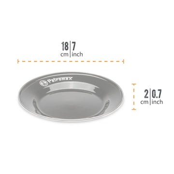 Petromax enamelware plate in use for hot meals straight from the grill.