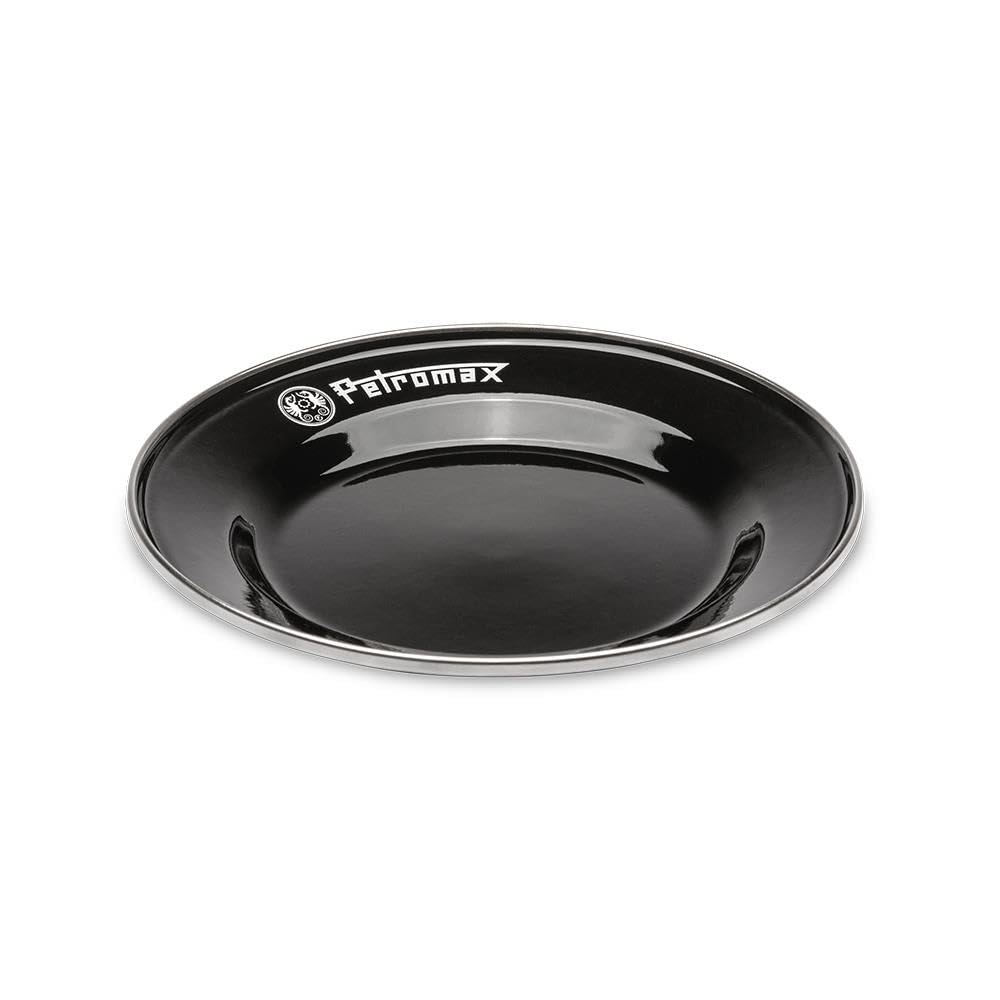 Petromax enamelware plate showing a robust stainless steel rim for durability on adventures.