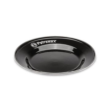 Petromax enamelware plate showing a robust stainless steel rim for durability on adventures.
