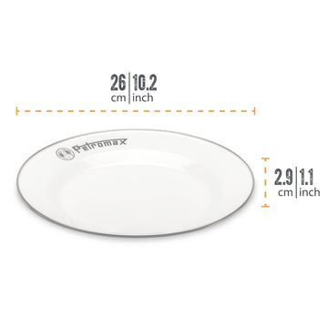 Petromax enamelware plate showing stainless steel rim for durable camping use