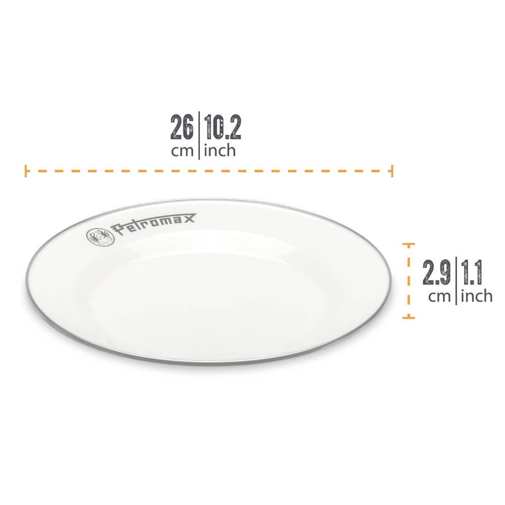 Petromax enamelware plate showing stainless steel rim for durable camping use