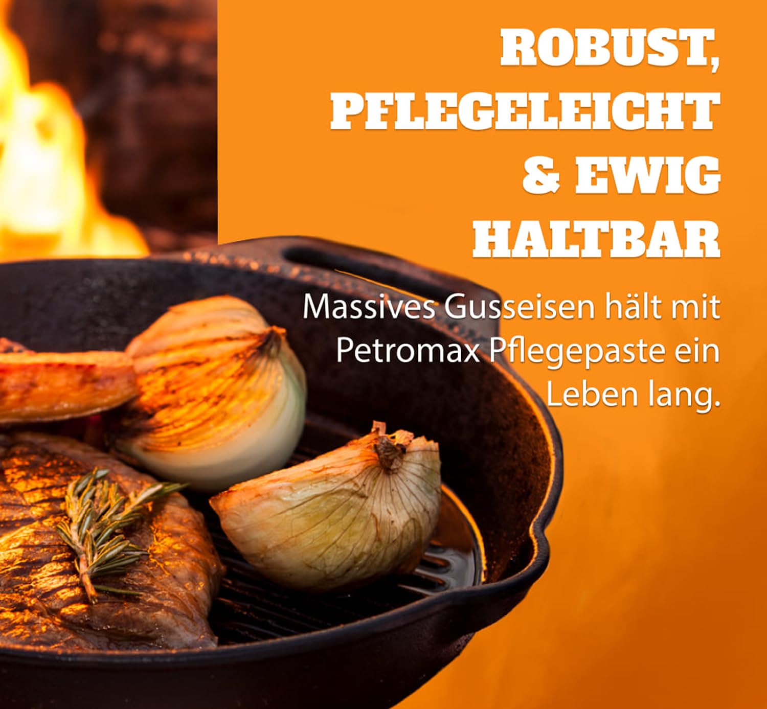 Petromax fire skillet for use on stove, oven, grill, or campfire across surfaces