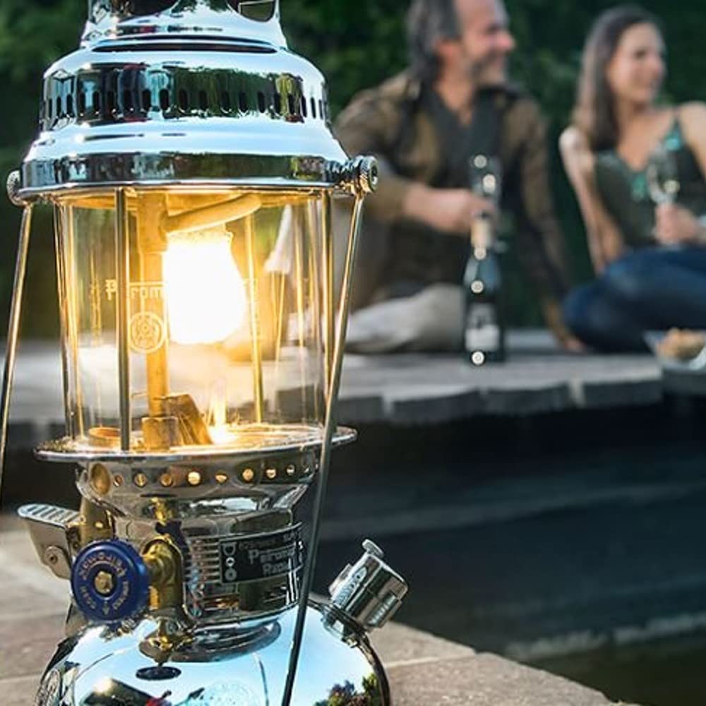 Petromax HK500 polished brass lantern side view suitable for home emergencies.
