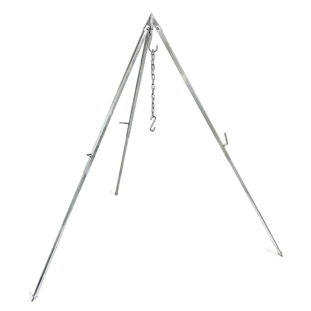 Petromax outdoor cooking tripod with beveled feet for stable setup on uneven ground.