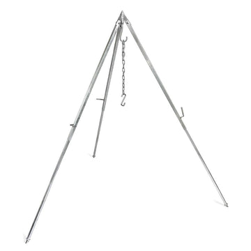 Petromax outdoor cooking tripod with beveled feet for stable setup on uneven ground.