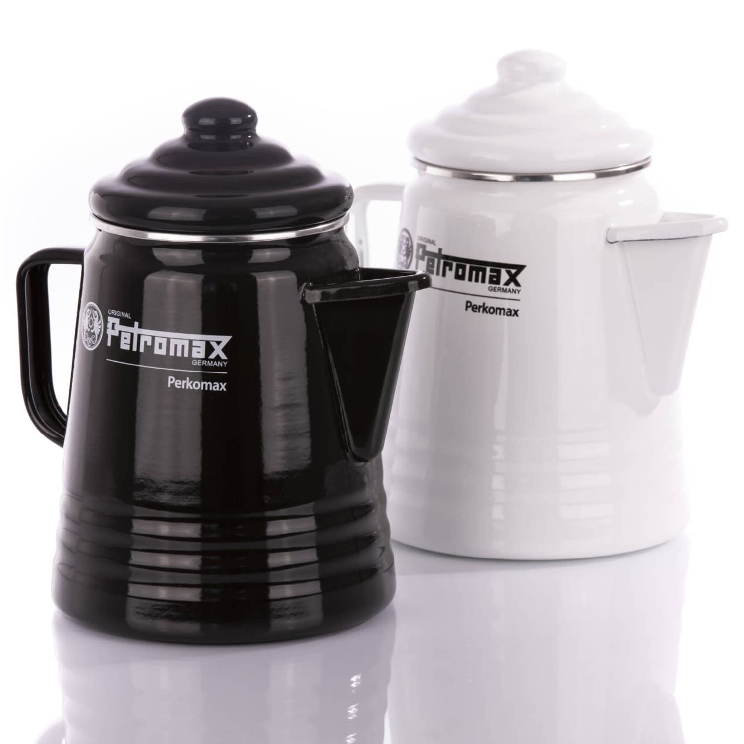 Petromax white percolator lightweight design supports travel and cleanup