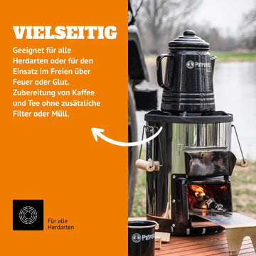 Petromax percolator on induction cooktop for versatile kitchen use.