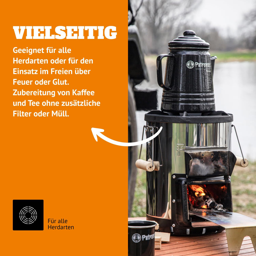 Petromax percolator on induction cooktop for versatile kitchen use.