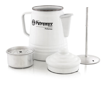 Petromax percolator over campfire, ready for outdoor brewing