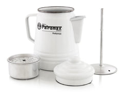 Petromax percolator over campfire, ready for outdoor brewing