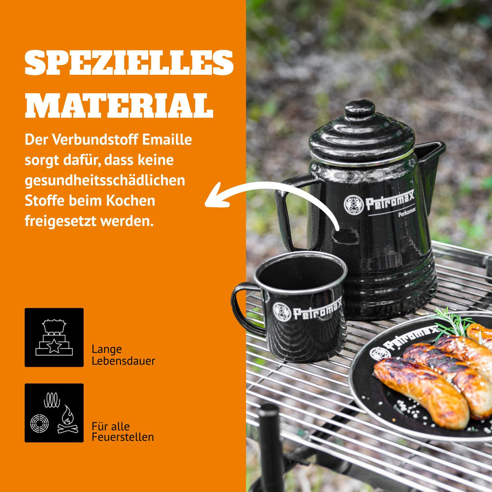 Petromax percolator pouring hot beverage into a cup.