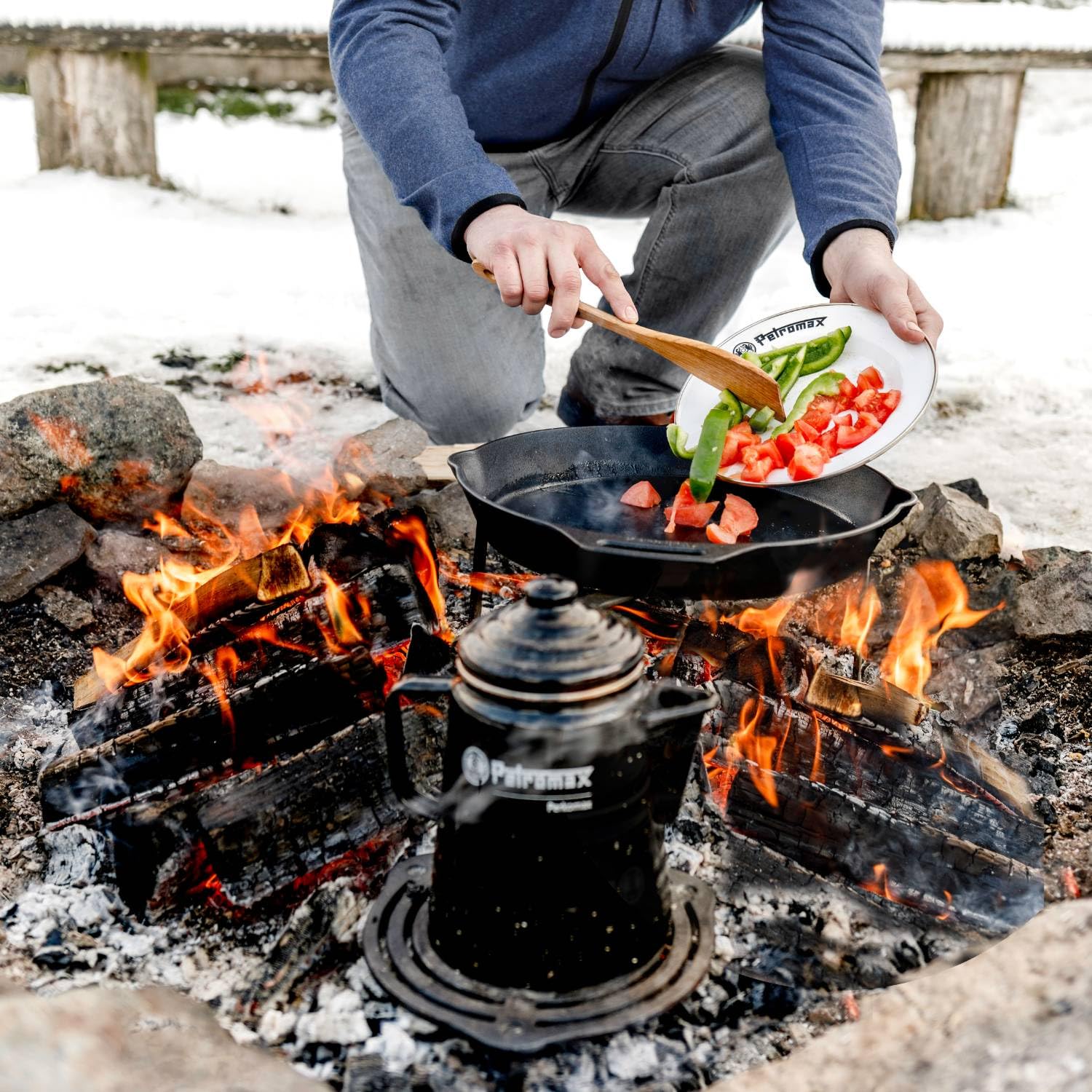 Petromax plate serving hot meals, enamel helps keep heat nicely