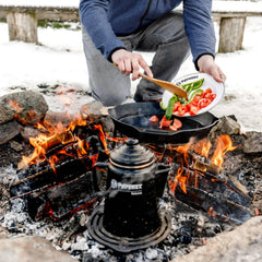 Petromax plate serving hot meals, enamel helps keep heat nicely