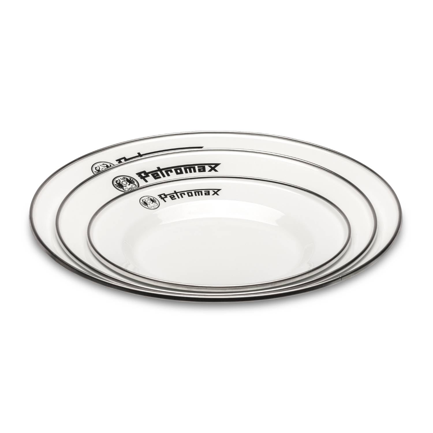 Petromax plate featuring stainless steel rim for edge protection during travel