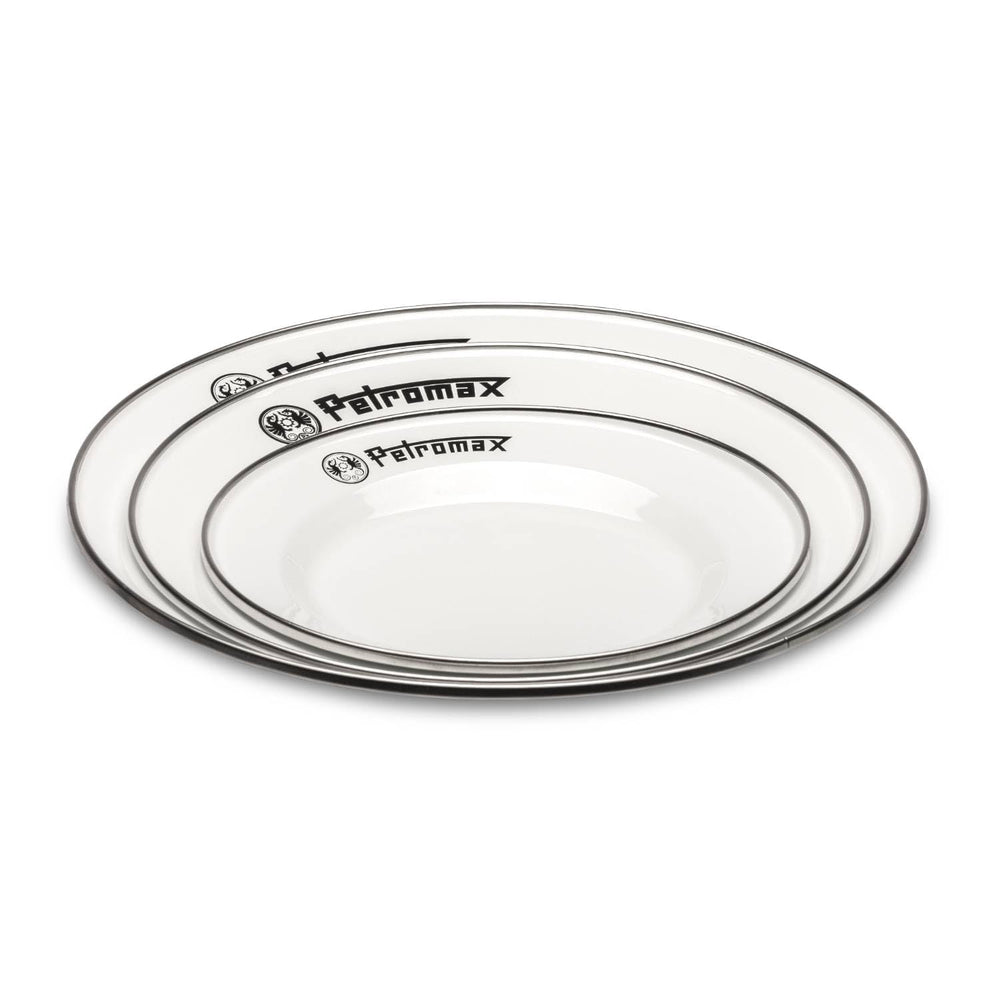 Petromax plate featuring stainless steel rim for edge protection during travel