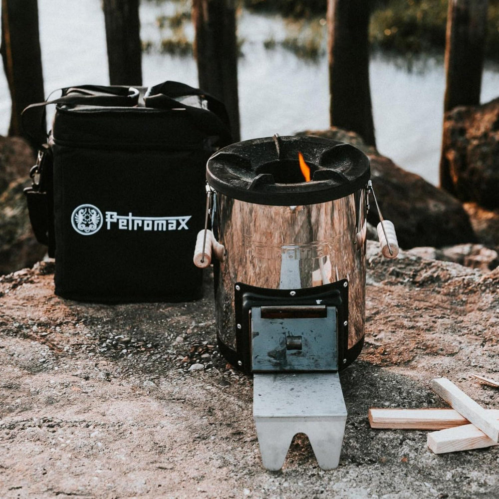 Petromax Rocket Stove Bag dimensions 13.6 x 12.6 x 11 inches for reference.
