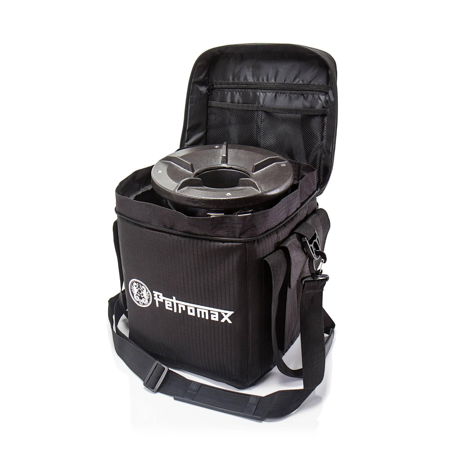 Petromax Rocket Stove Bag with reinforced handles and removable shoulder strap for easy transport.