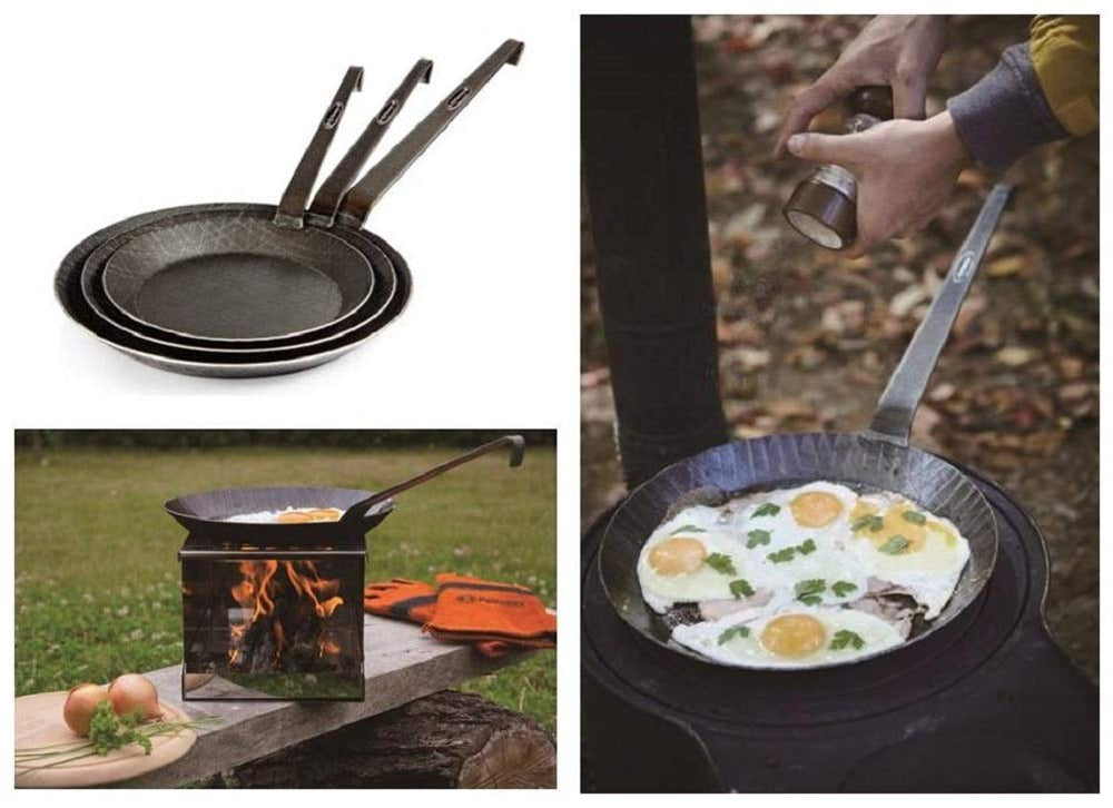 Petromax SP28 12546 Chemy Crampen Pry Pan cooking over wood fire shows outdoor versatility