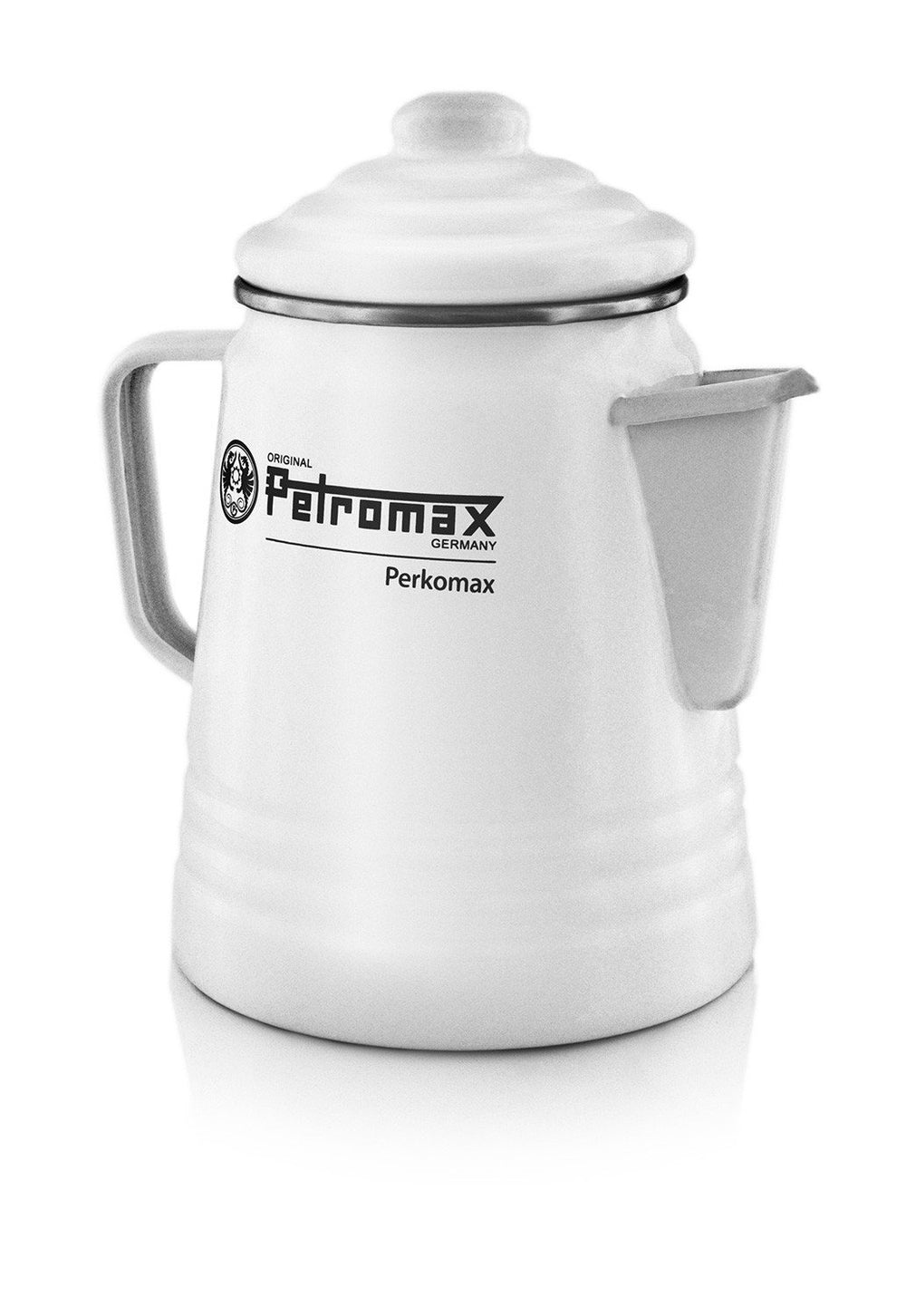 Petromax tea and coffee percolator white front view, ideal for indoor and outdoor brewing