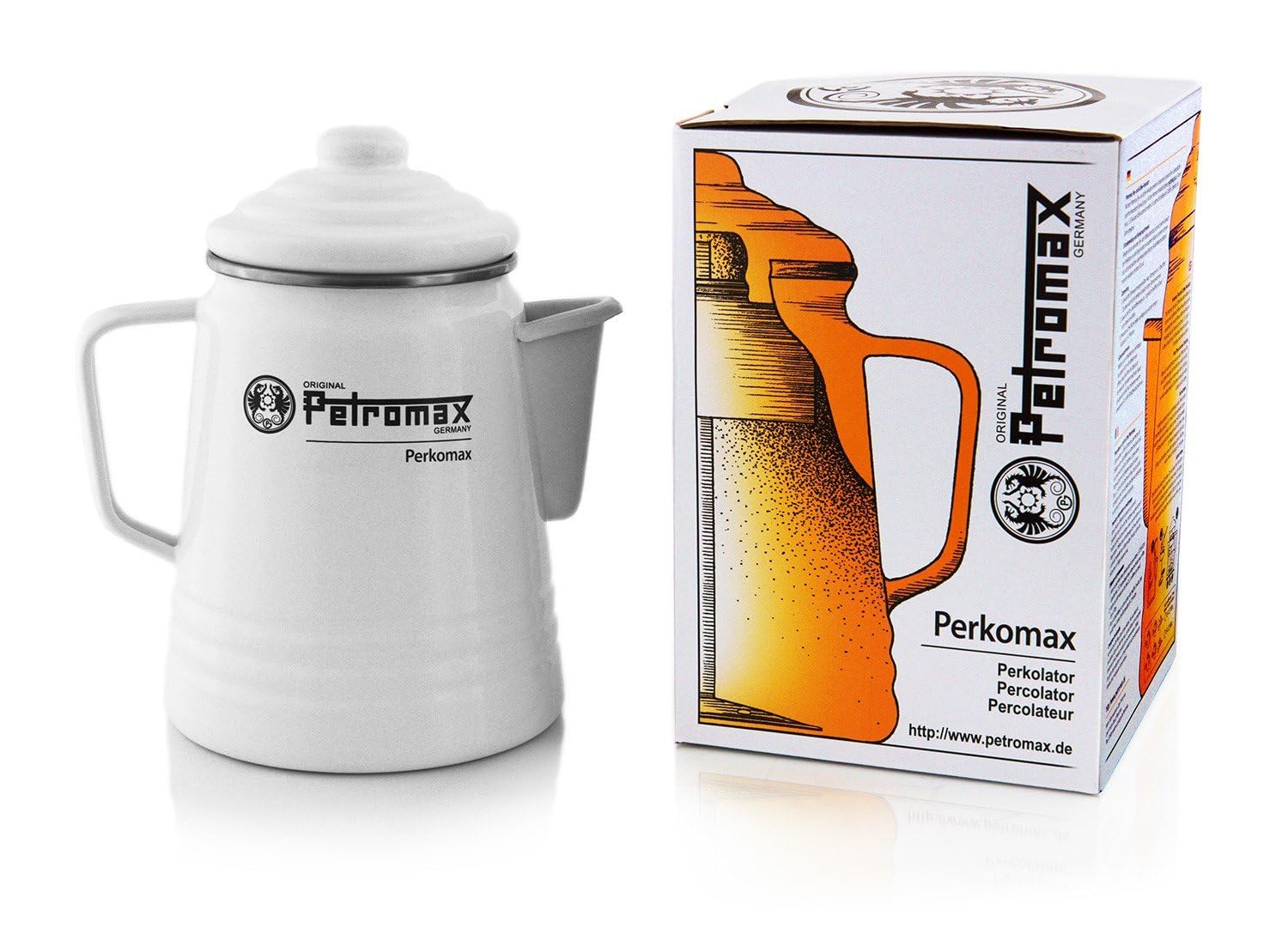 Petromax percolator white side view, compact and portable for camping