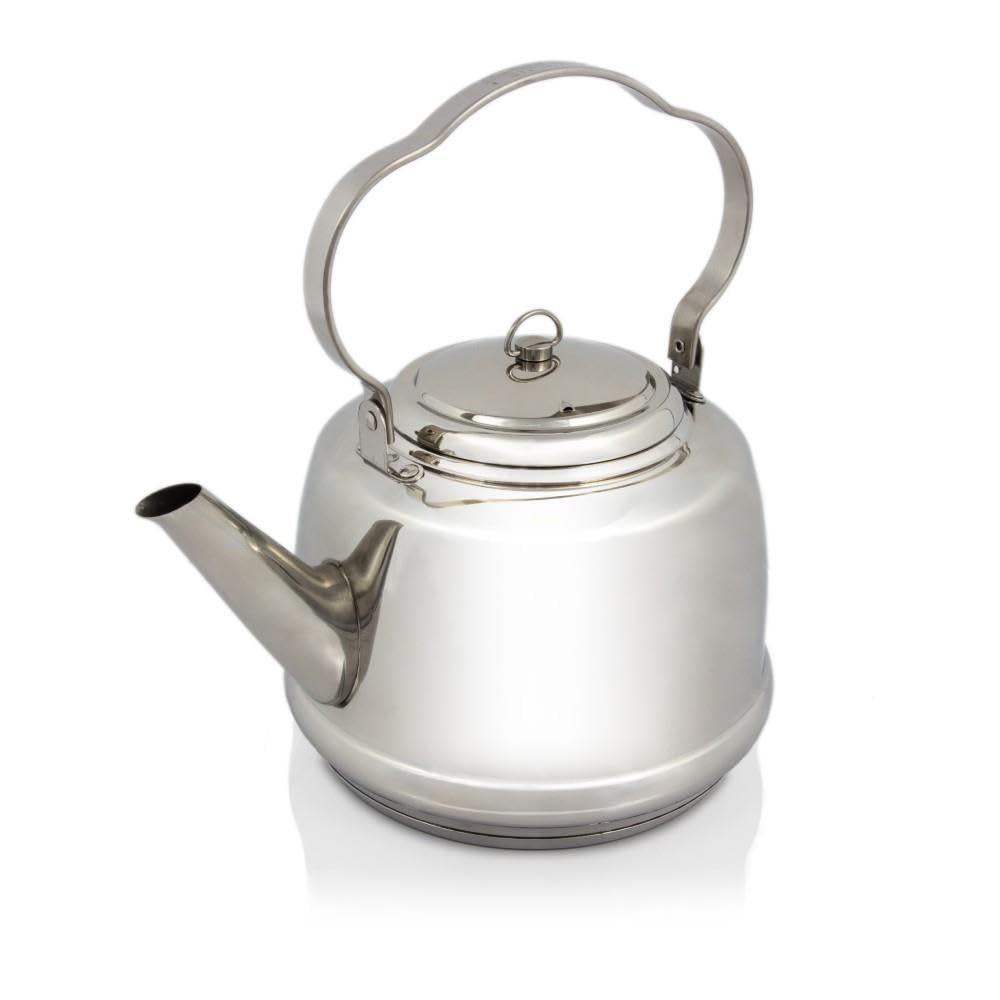 Petromax stainless steel teakettle over an open flame for quick hot beverages