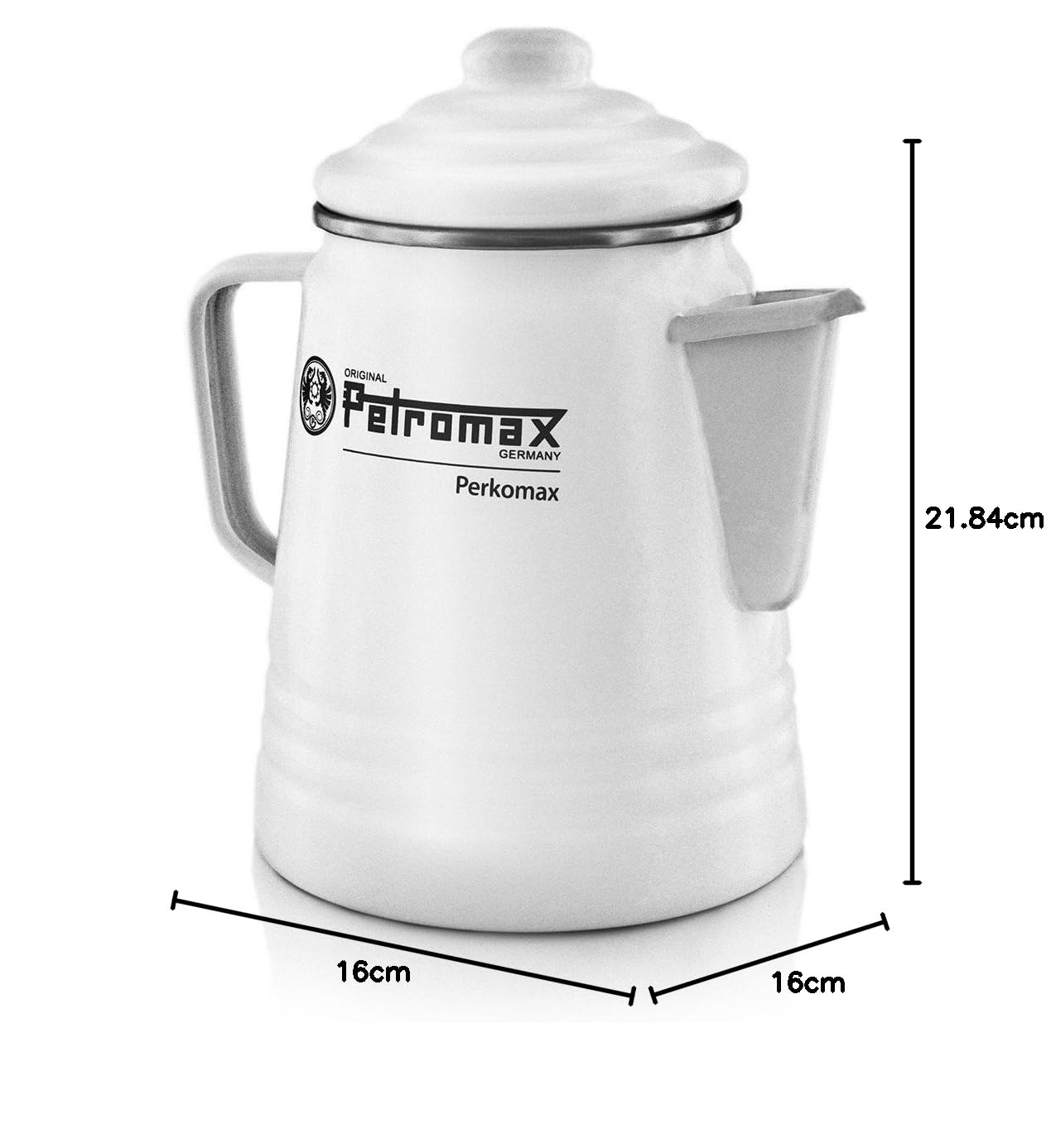 Petromax white enamelled steel percolator packaged for travel