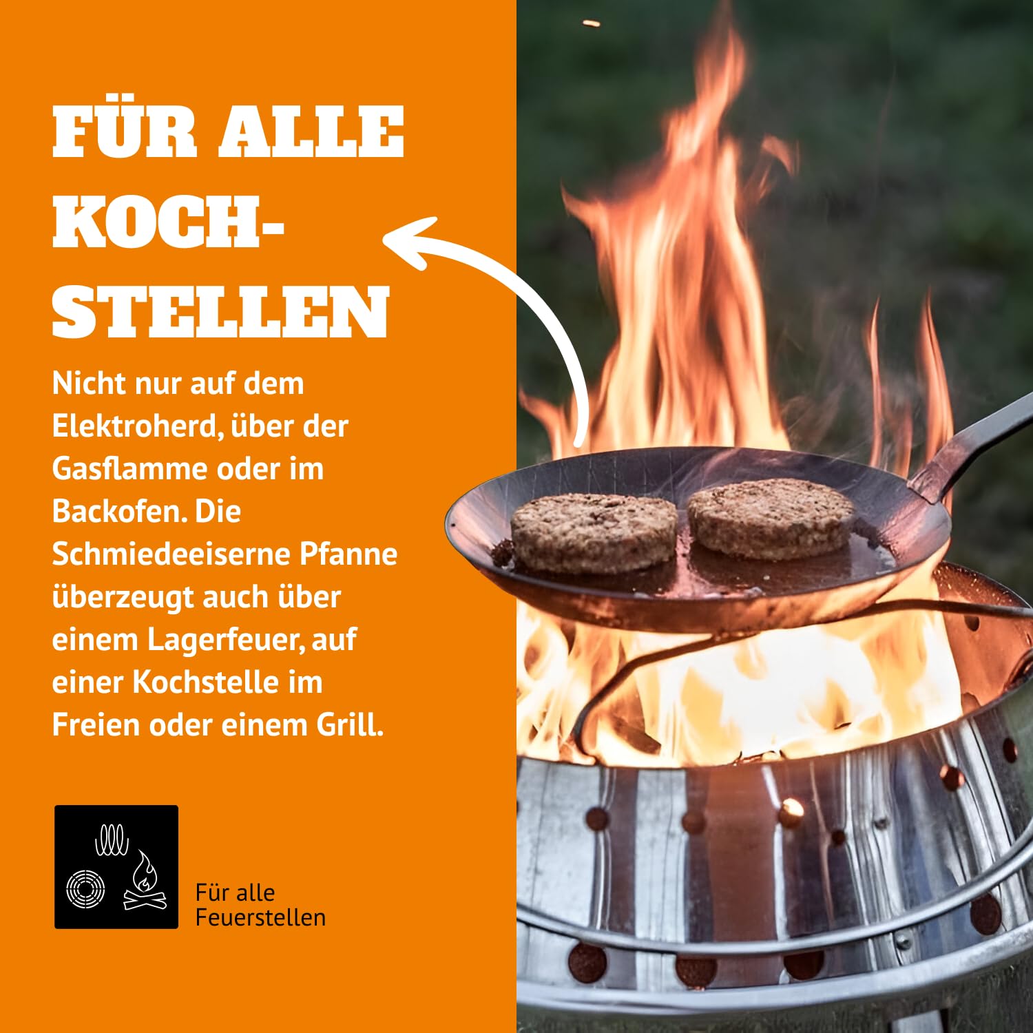 Petromax skillet over open fire for campfire meals and outdoor versatility.