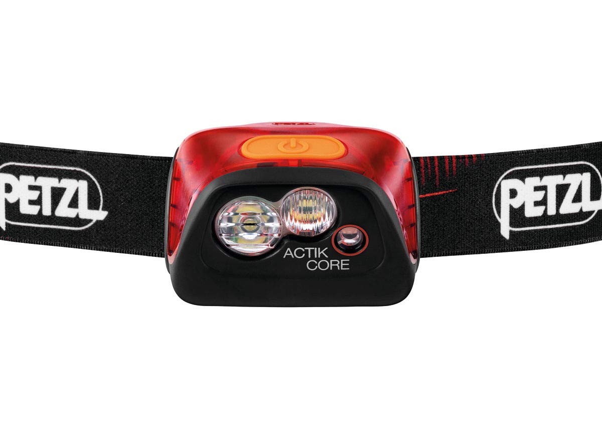 Petzl Actik Core battery compartment close-up highlights rechargeable option and flexibility.