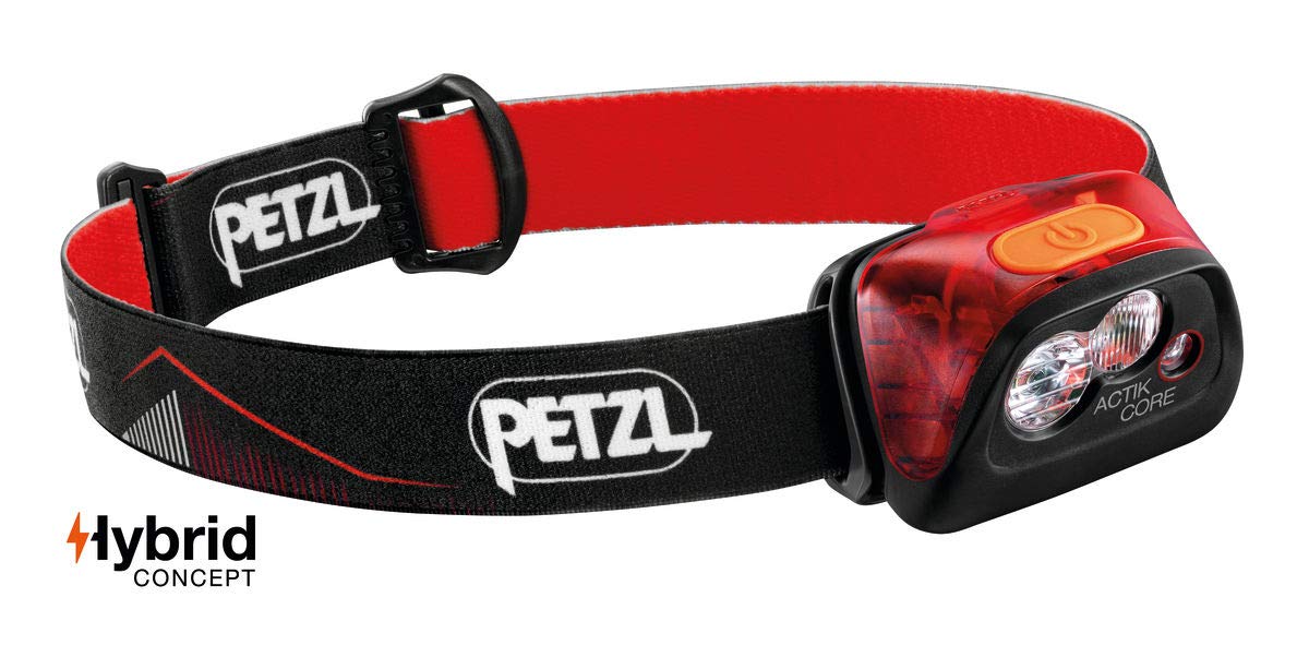 Petzl Actik Core compact design portrait emphasizes portability for climbing and camping.