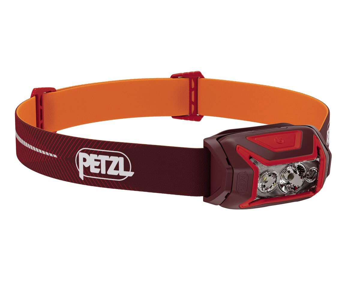 Petzl ACTIK CORE headlamp front view highlights compact, versatile design for outdoor lighting.