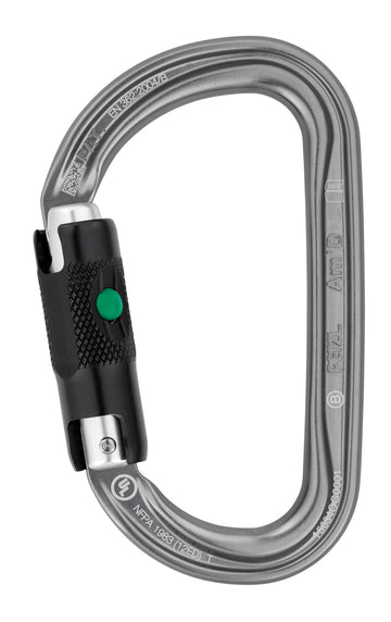 Petzl AM'D Ball-Lock carabiner front view highlights a lightweight gray body for easy handling.