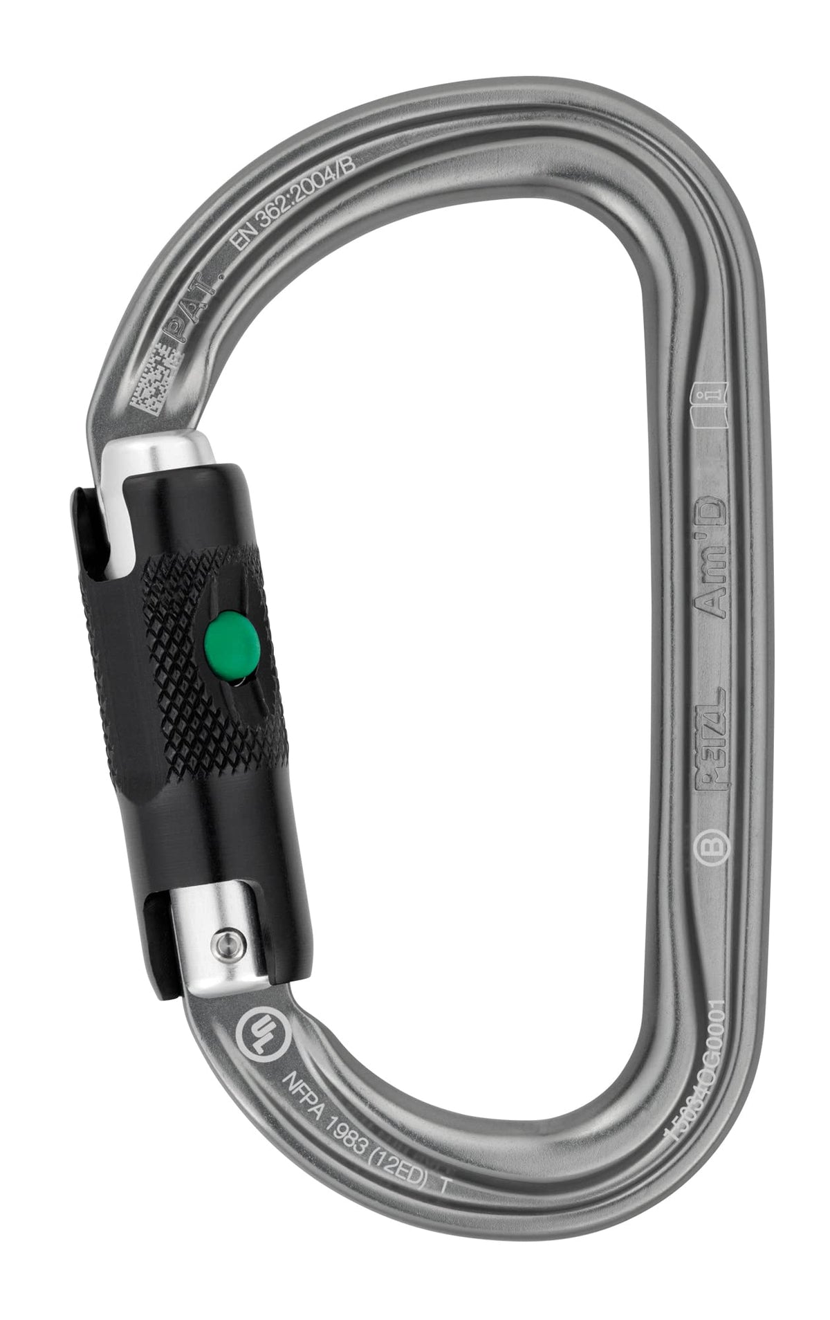 Petzl AM'D Ball-Lock carabiner front view highlights a lightweight gray body for easy handling.