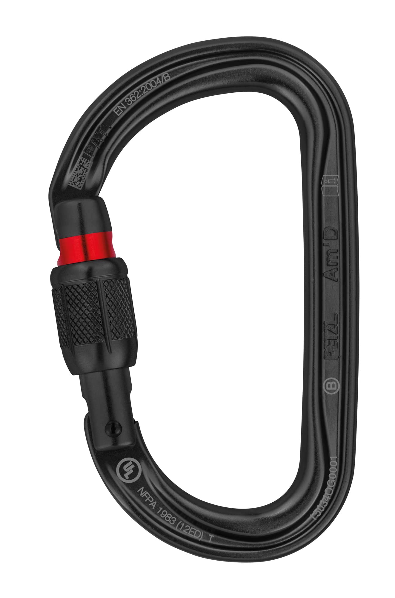 Petzl Am'D carabiner front view emphasizes lightweight strength for reliable rigging