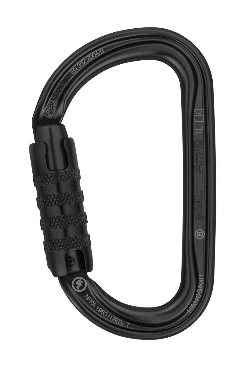 Petzl Am'D TRIACT-Lock carabiner side view highlighting lightweight, snag-free design for outdoor use