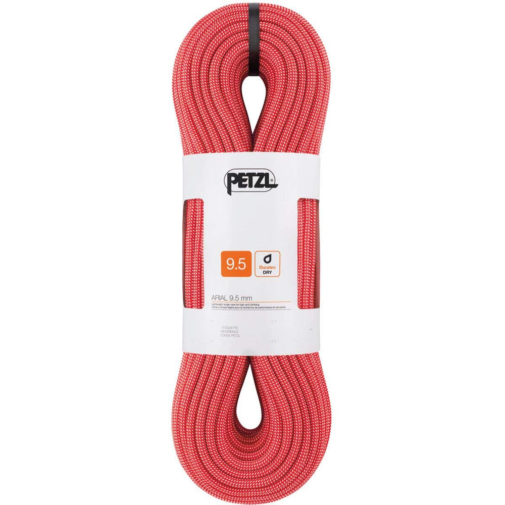 Petzl Arial rope in red 9.5mm at 80m, durable for climbs and alpinism.