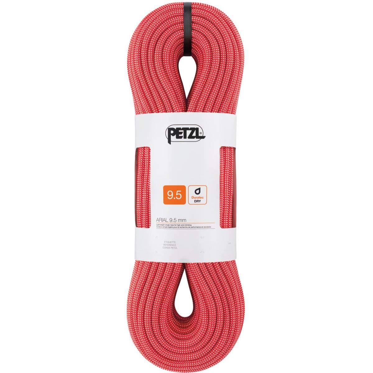 Petzl Arial rope in red 9.5mm at 80m, durable for climbs and alpinism.