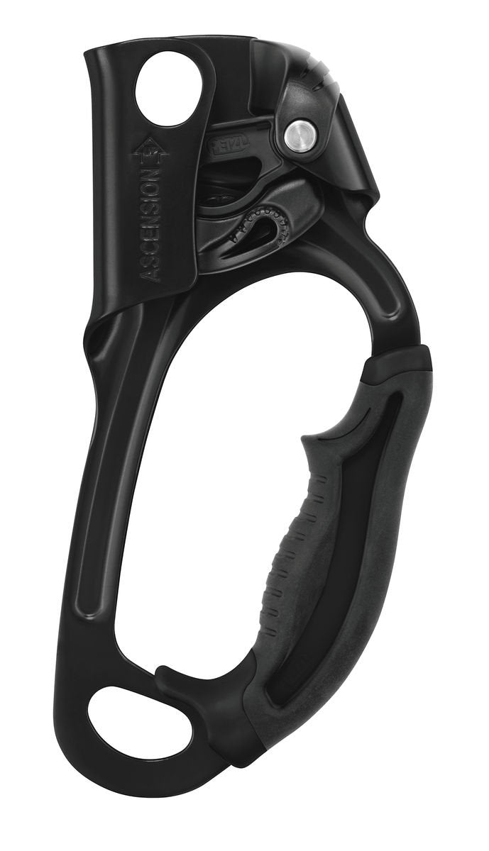 Petzl Ascension ergonomic handled rope ascender for right hand in all-black, with secure grip for rope climbs