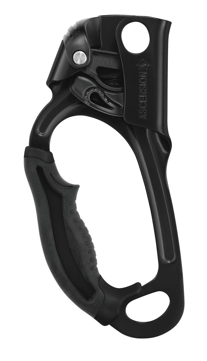 Petzl Ascension left-hand ascender in all-black for secure rope ascent and ergonomic grip.