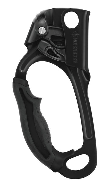 Petzl Ascension left-hand ascender in all-black for secure rope ascent and ergonomic grip.