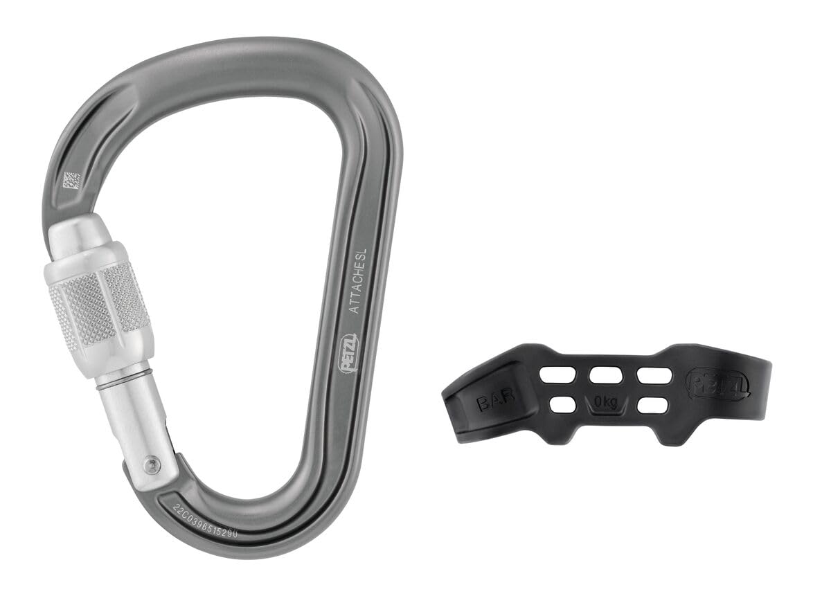 Petzl Attache Bar screw-lock with red indicator for quick safety checks.