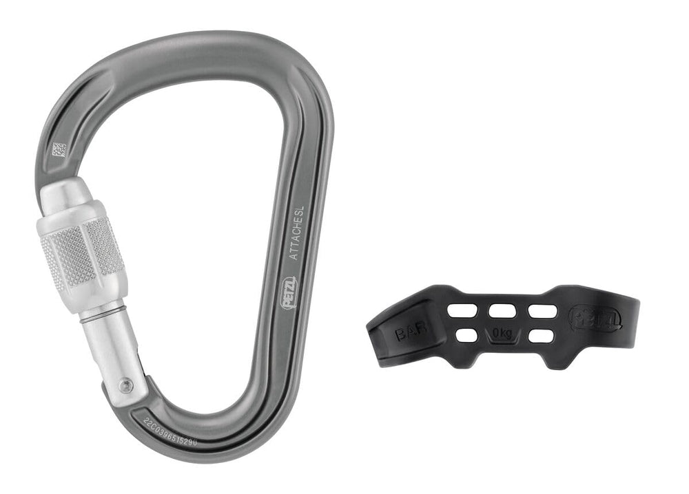 Petzl Attache Bar screw-lock with red indicator for quick safety checks.