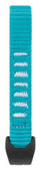 Petzl AXESS quickdraw sling laid flat in blue, showcasing durable sewn construction for reliable sport climbs