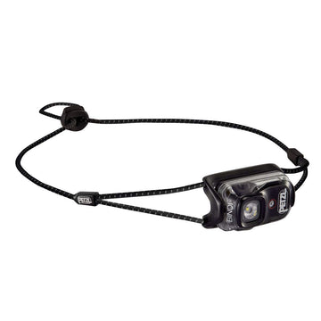 Petzl Bindi headlamp in black closeup highlighting compact design and portability.