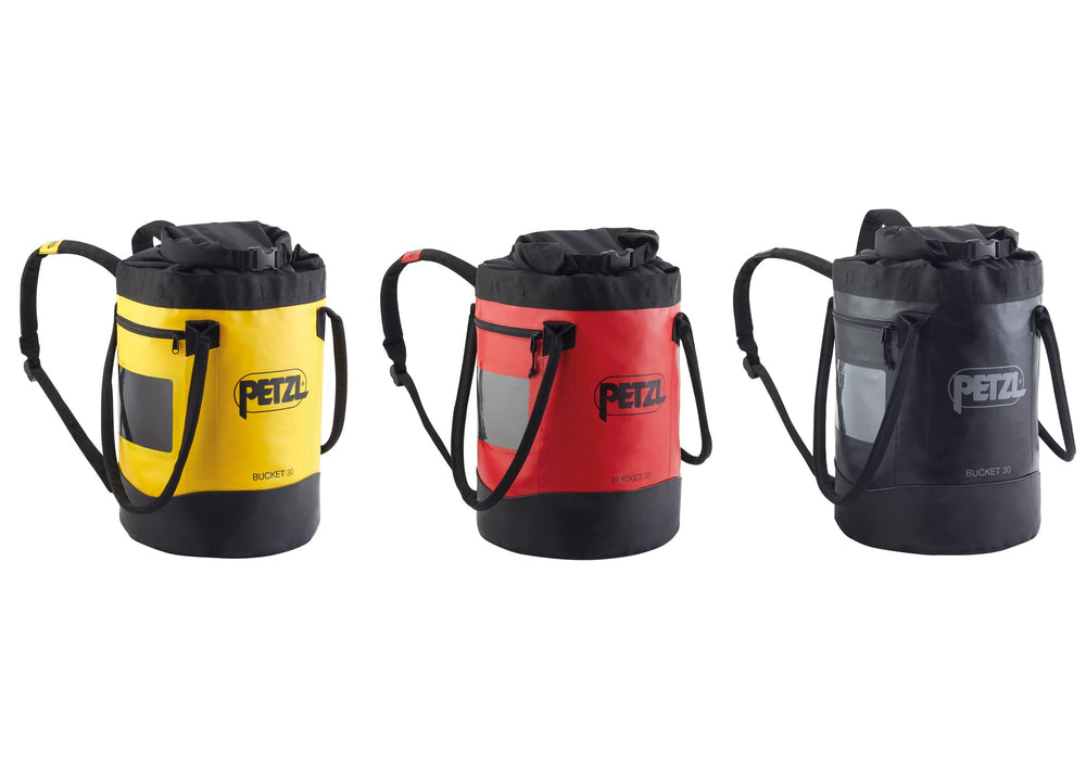 Petzl Bucket rope bag in red helps keep gear organized and visible.