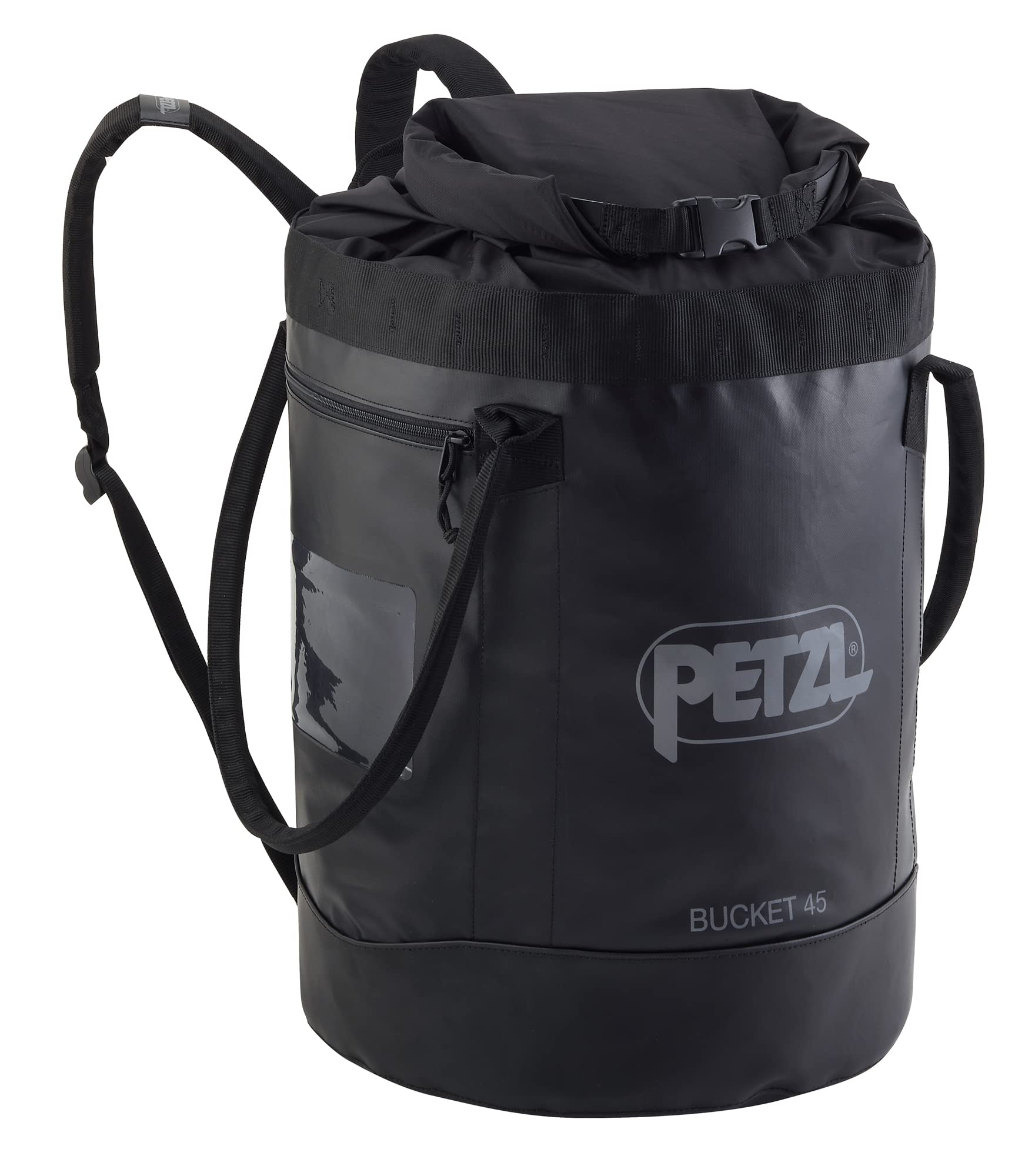 Petzl Bucket Rope Bag 45L Black showcases rugged, weatherproof rope storage.
