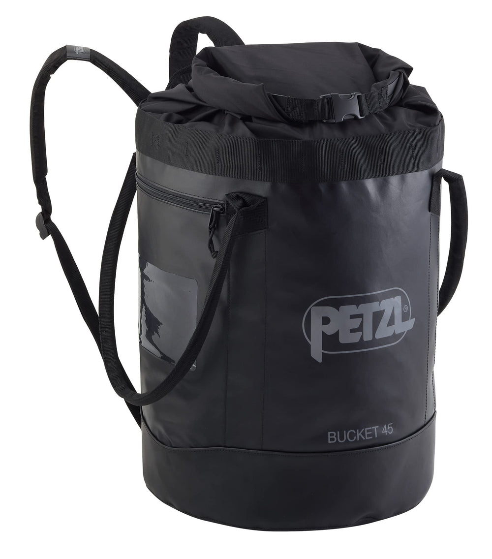 Petzl Bucket Rope Bag 45L Black showcases rugged, weatherproof rope storage.