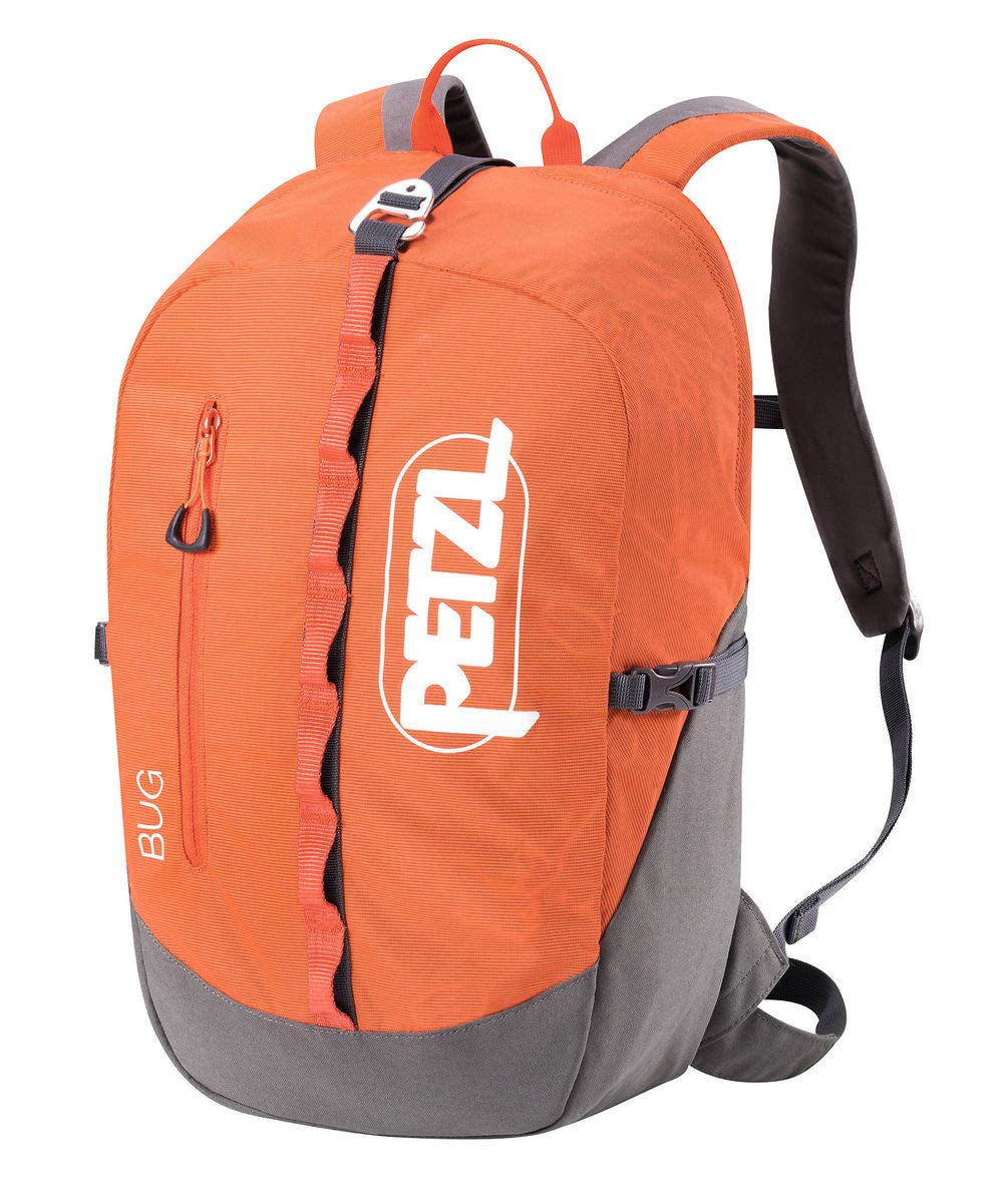Petzl BUG backpack front view highlighting compact fit for fast climbs and easy harness access.